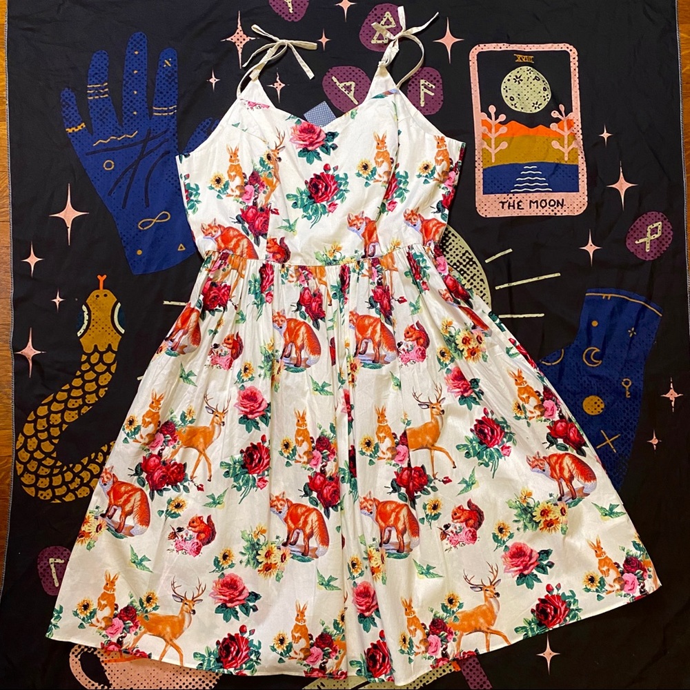 Hell Bunny Lefox Cream Dress Foxes Deer Bunnies & Birds Sun Dress New with Tags